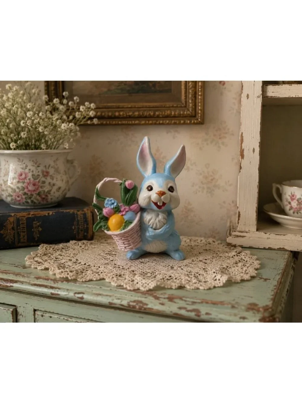 Vintage Blue Easter Bunny Figurine Basket Eggs Flowers Spring Rabbit Decor
